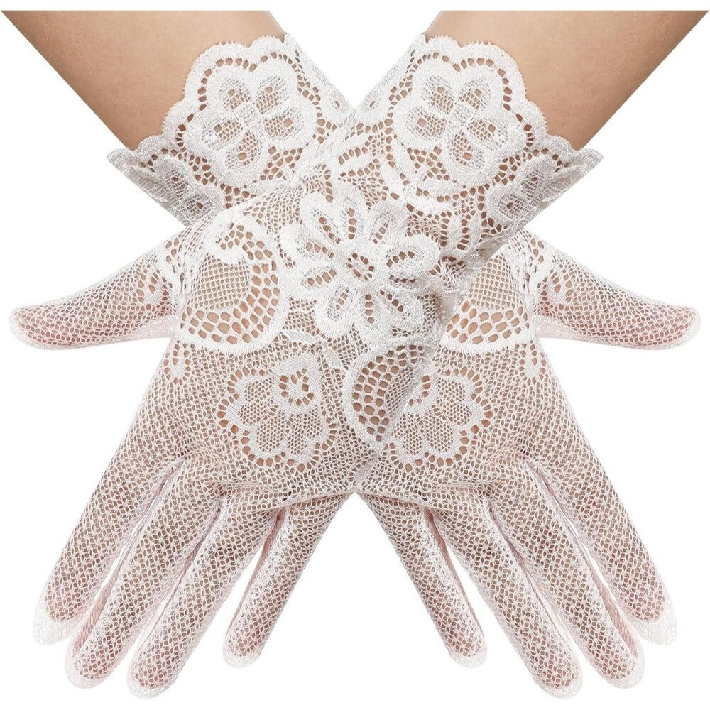 Women's Lvory 03 Floral Short Length Lace Tulle Mesh Wrist Wedding Party Gloves